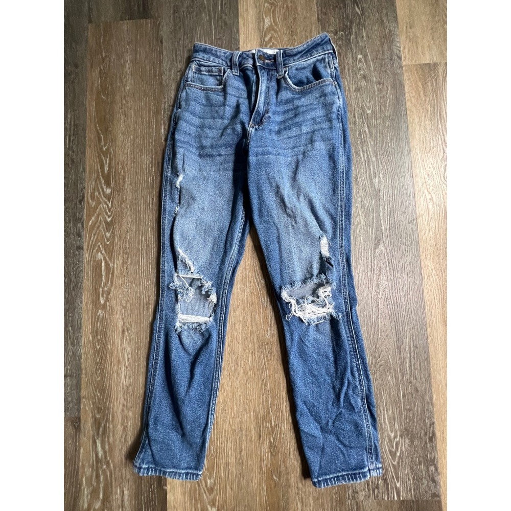 Hollister Mom Jeans Womens 00R Blue Distressed Curvy High Rise Vintage Stretch